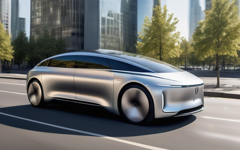 Futuristic silver self-driving electric car driving in a modern city